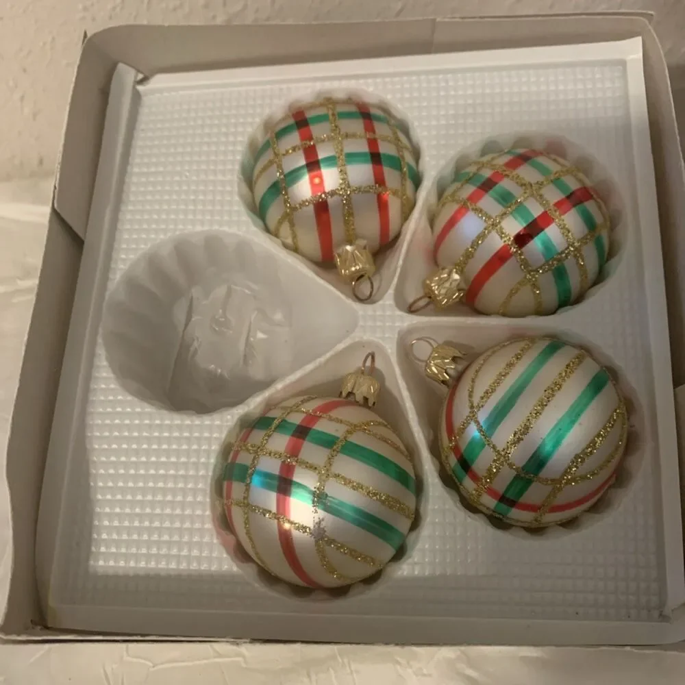 Kurt S Adler Christmas Plaid Glittery Ball Glass Ornaments White Gold Green Red